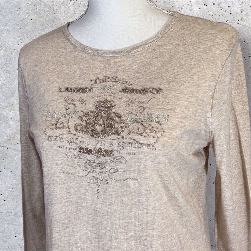 Lauren Jeans Ralph Lauren Beaded Crest Top Med Petite PM Tan Crown Embellished
